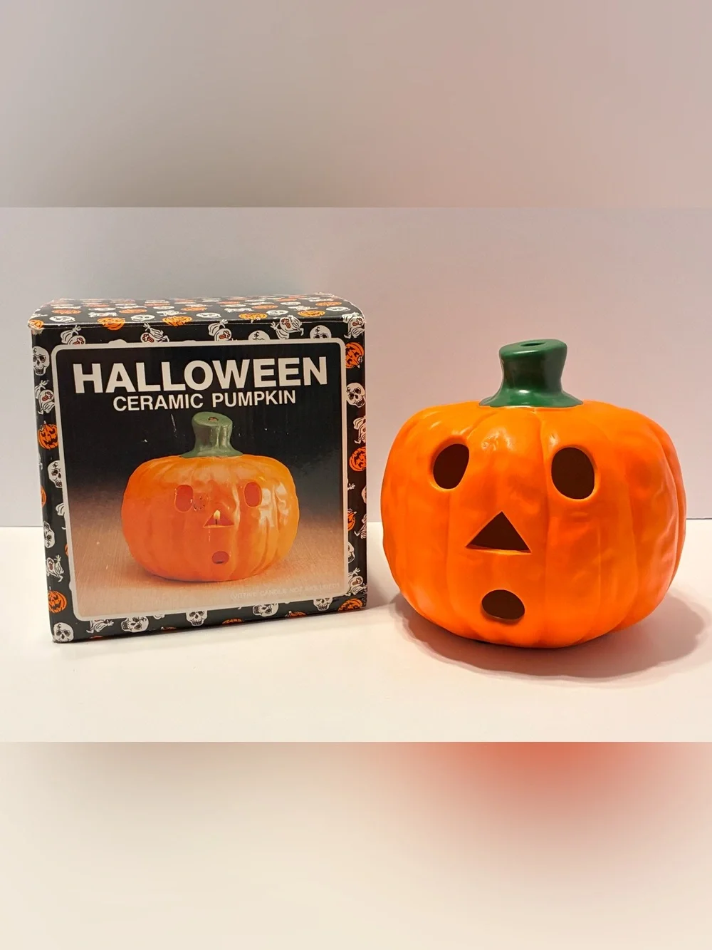 Vintage Halloween Ceramic Worried Jack 'O Lantern Candle Holder Pumpkin